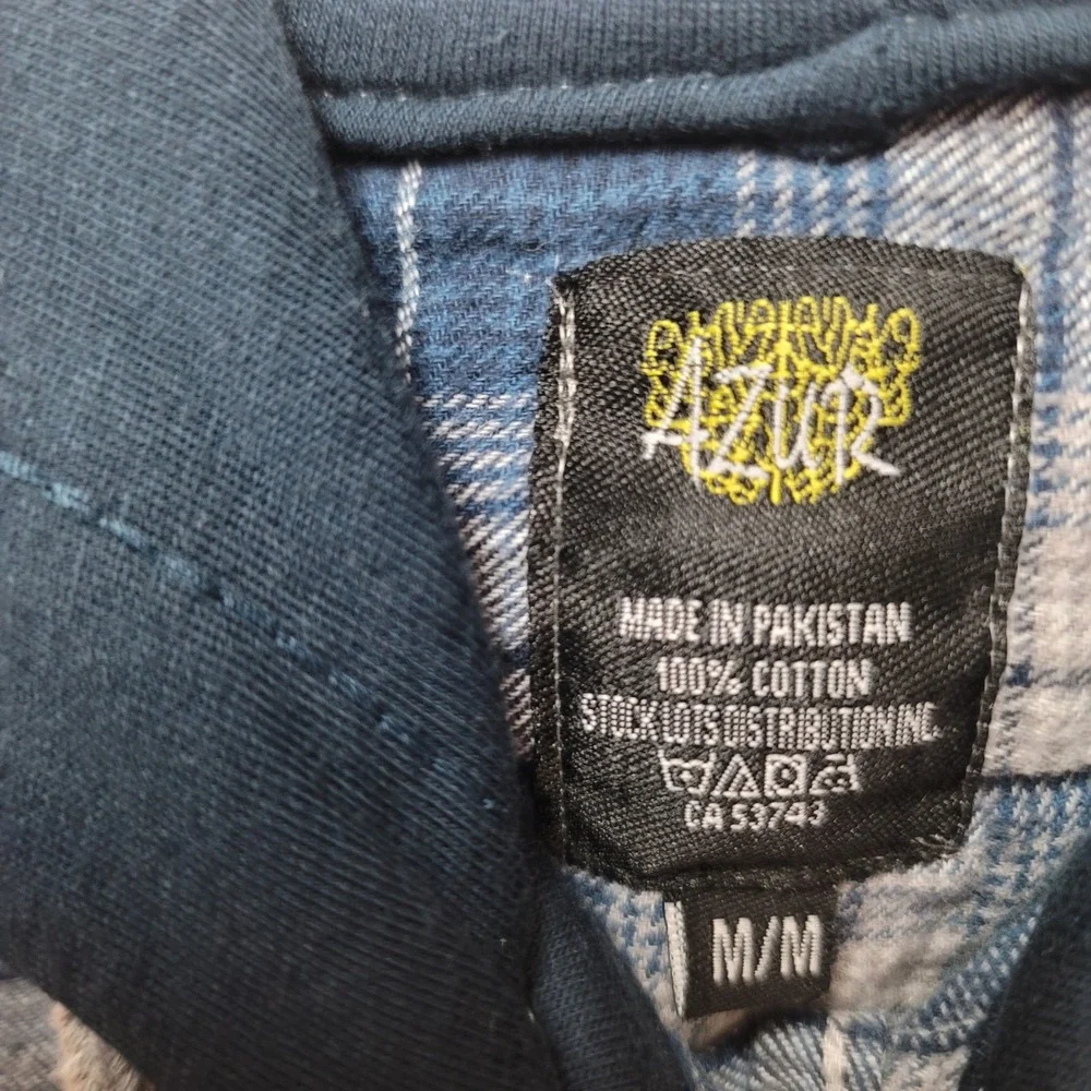 AZUR Hommes Plaid Flannel Hooded Shirt Blue White LongSleeve M Work Grunge Retro